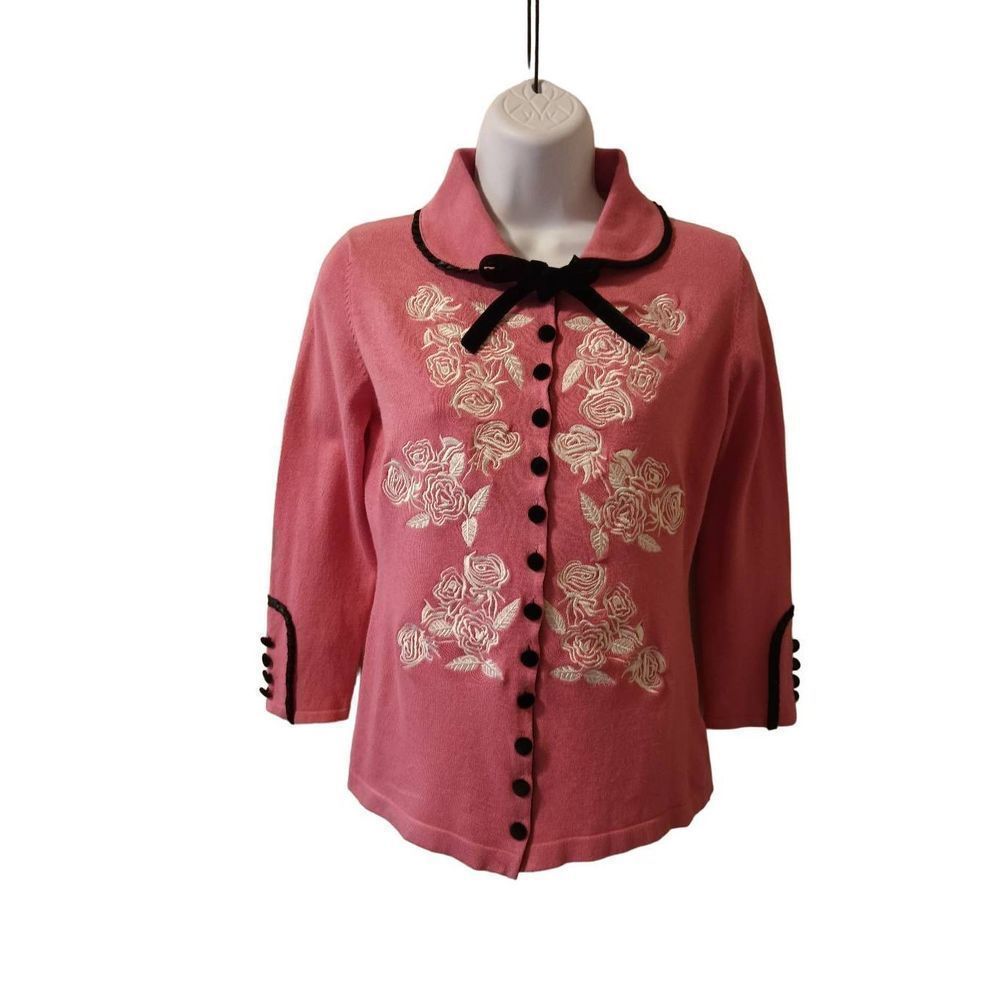 Embroidered Rose Button-Up Cardigan - Coral with Black Trim - Picture 10 of 14